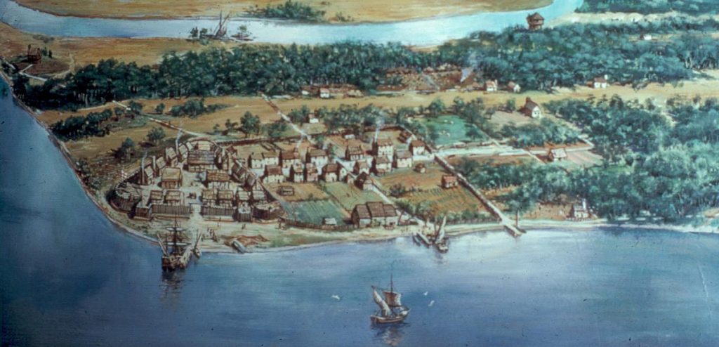 an illustrated map of colonial Jamestown
